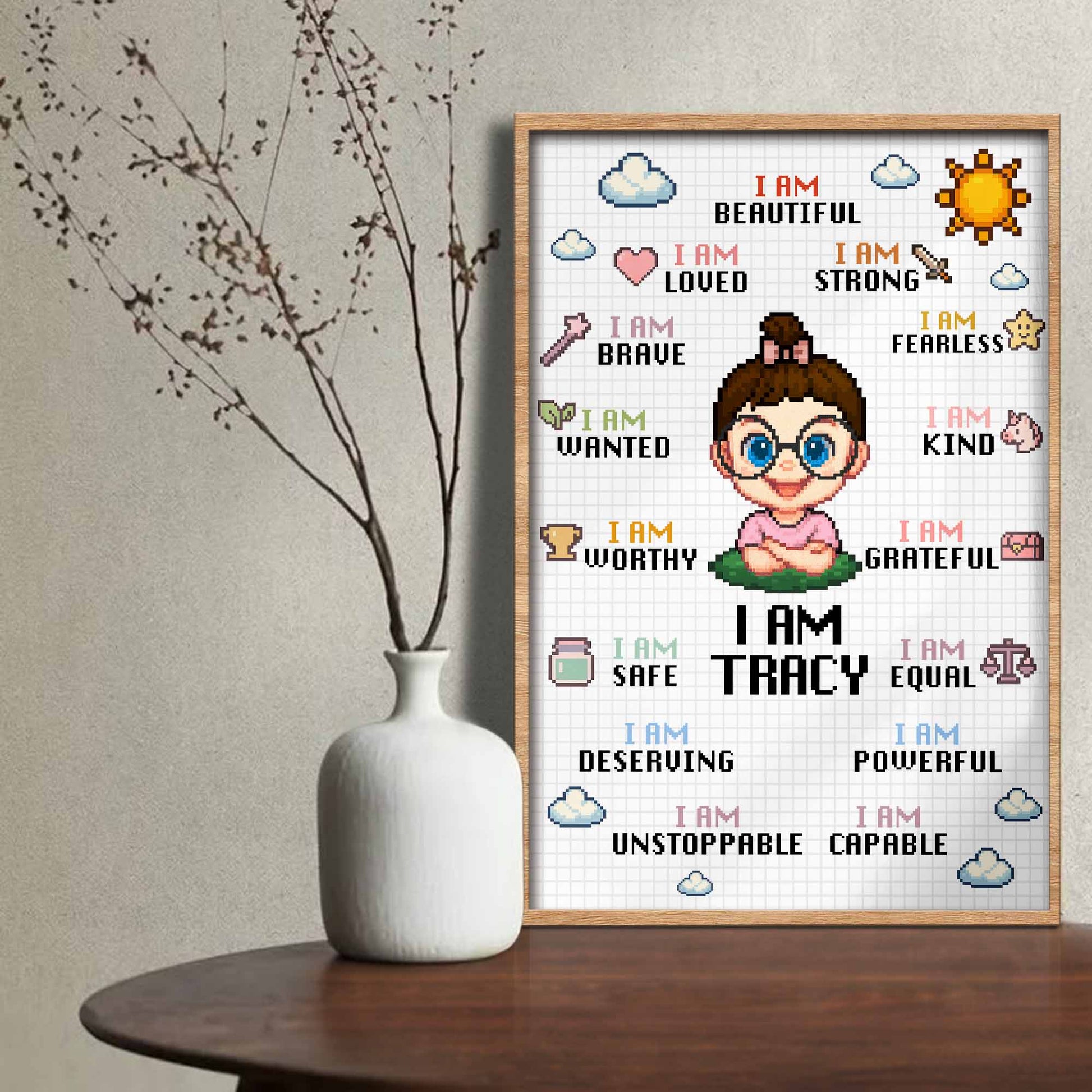 I Am Beautiful Strong Fearless, Cartoon Girl With Affirmations