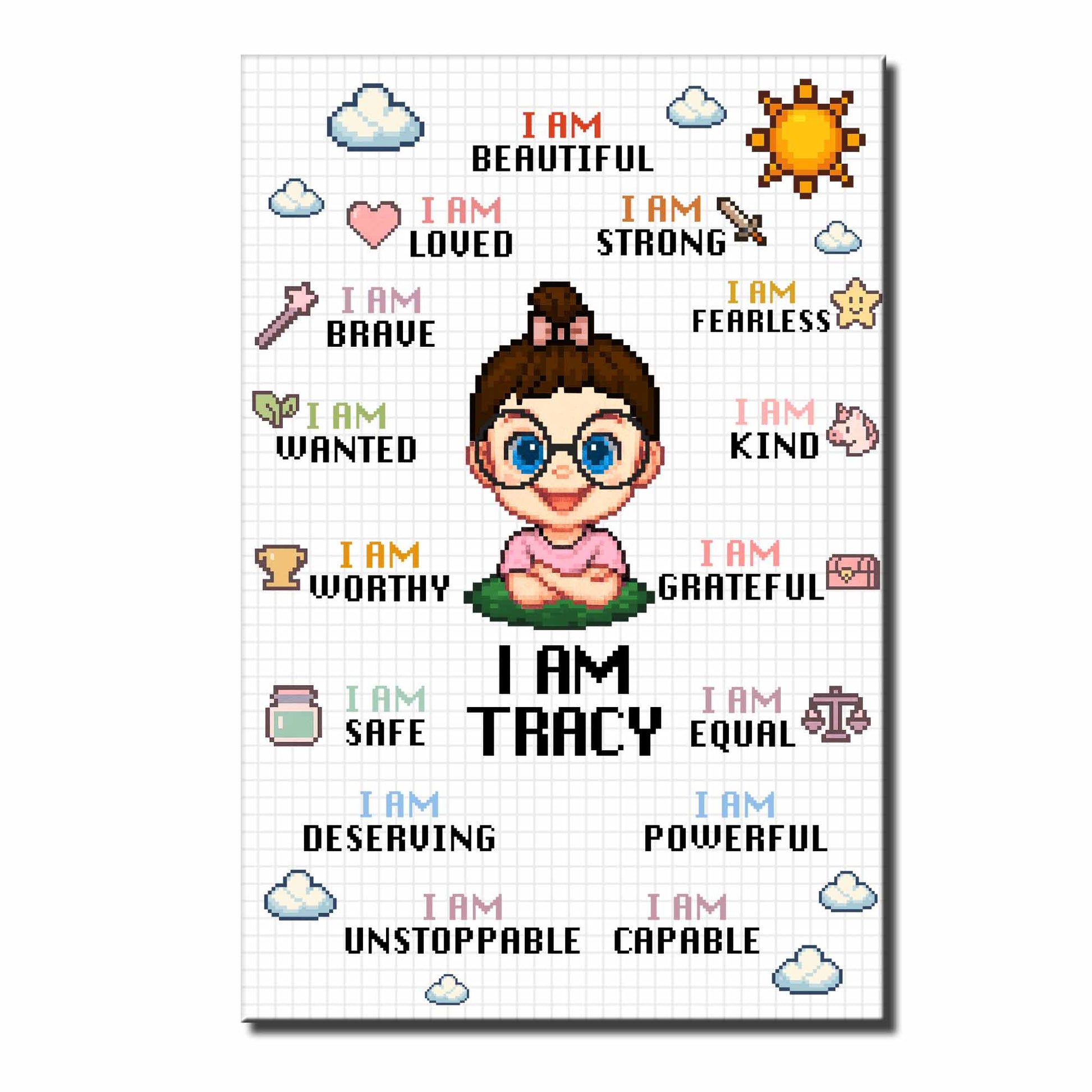 I Am Beautiful Strong Fearless, Cartoon Girl With Affirmations