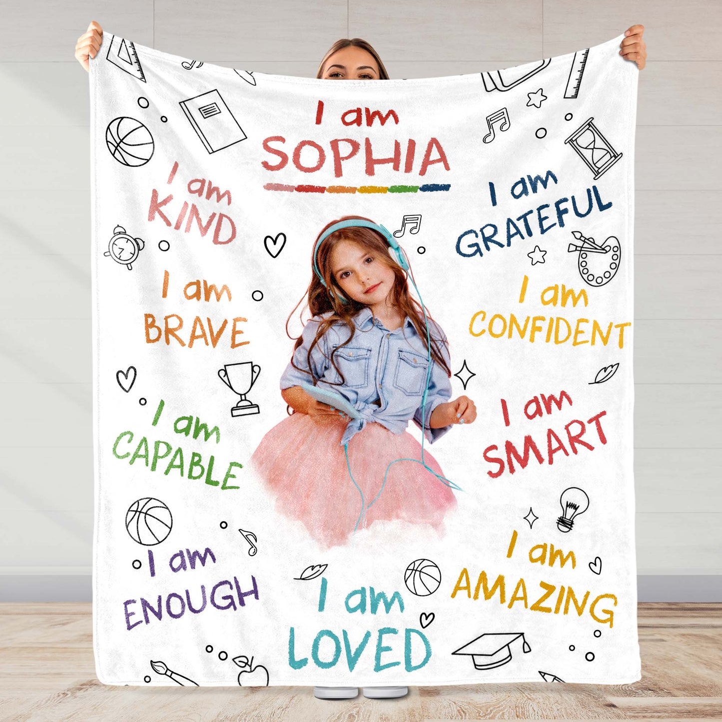 I Am Kind, Brave, Capable, Loved Blanket With Positive Affirmations - Personalized Custom Blanket - KID336_BLK
