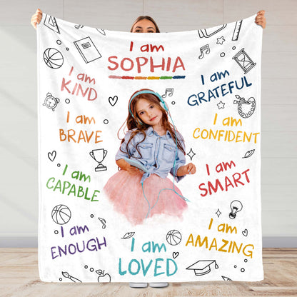 I Am Kind, Brave, Capable, Loved Blanket With Positive Affirmations - Personalized Custom Blanket - KID336_BLK