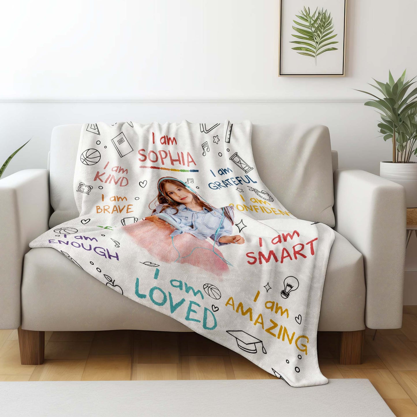 I Am Kind, Brave, Capable, Loved Blanket With Positive Affirmations - Personalized Custom Blanket - KID336_BLK