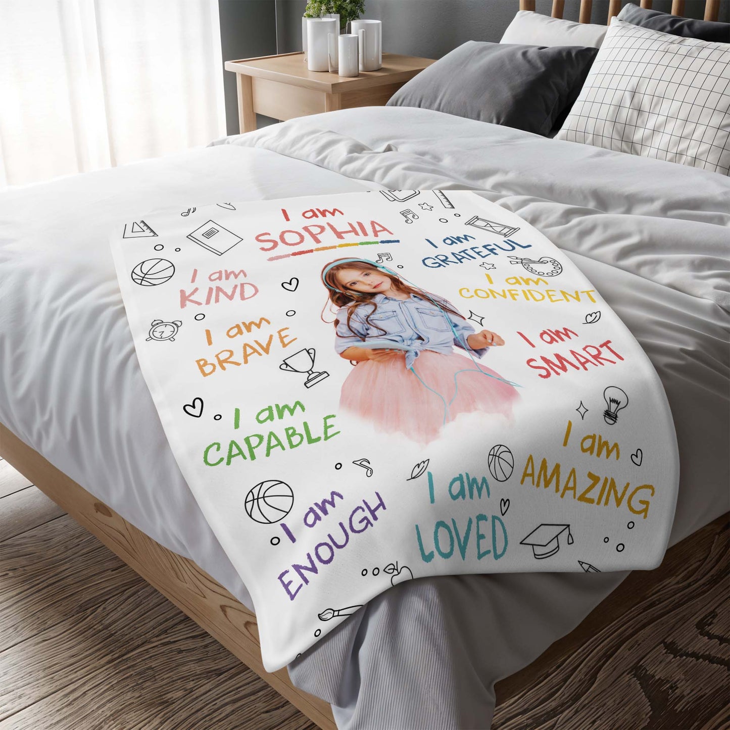 I Am Kind, Brave, Capable, Loved Blanket With Positive Affirmations - Personalized Custom Blanket - KID336_BLK