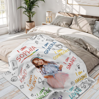 I Am Kind, Brave, Capable, Loved Blanket With Positive Affirmations - Personalized Custom Blanket - KID336_BLK