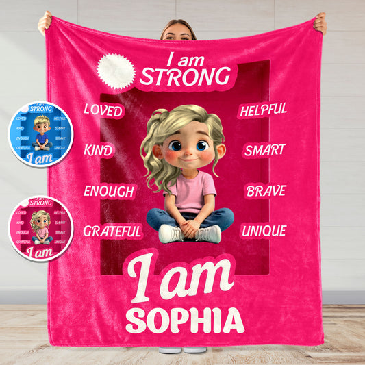 I Am Strong, Loved, Helpful, Unique Animated Girl Blanket