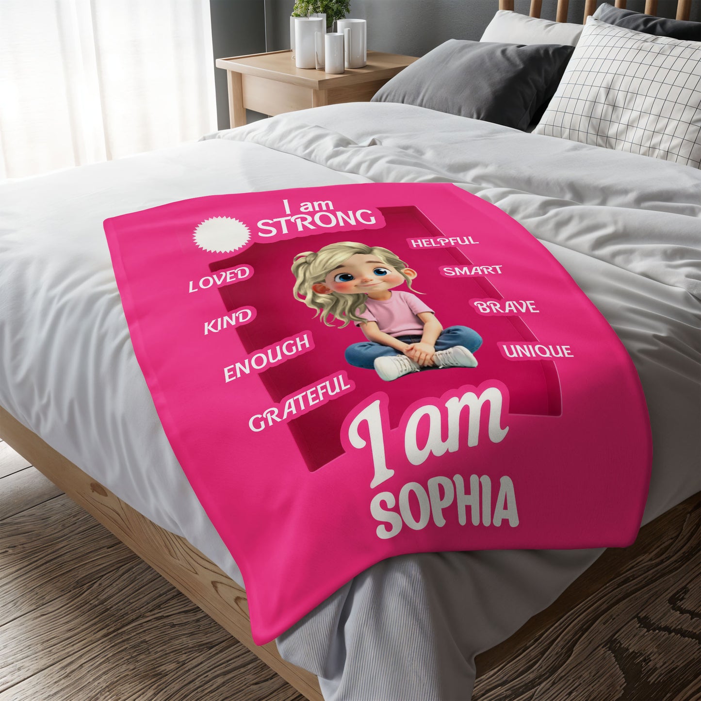 I Am Strong, Loved, Helpful, Unique Animated Girl Blanket