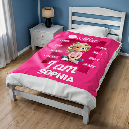 I Am Strong, Loved, Helpful, Unique Animated Girl Blanket