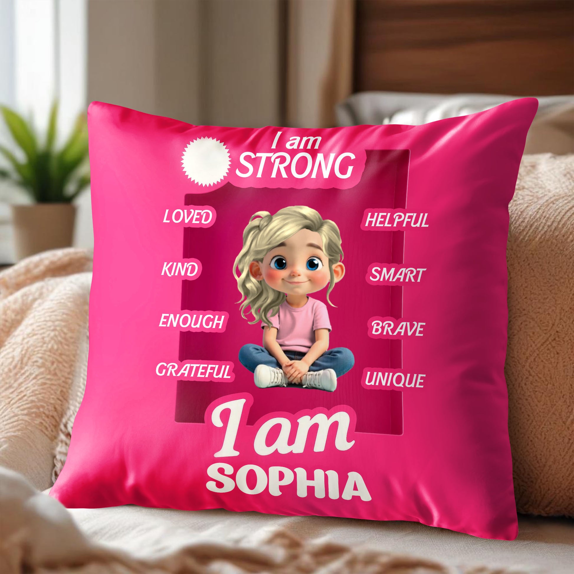 I Am Strong, Loved, Helpful, Smart, Brave, Unique, Kind, Enough, Grateful Pillow