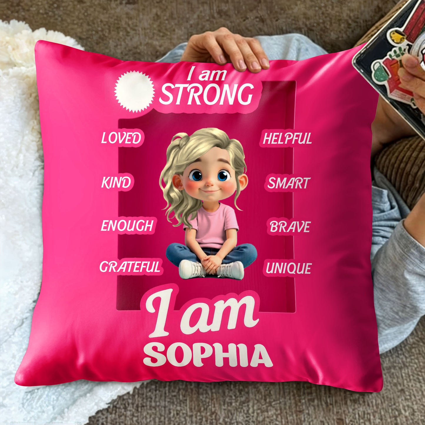 I Am Strong, Loved, Helpful, Smart, Brave, Unique, Kind, Enough, Grateful Pillow