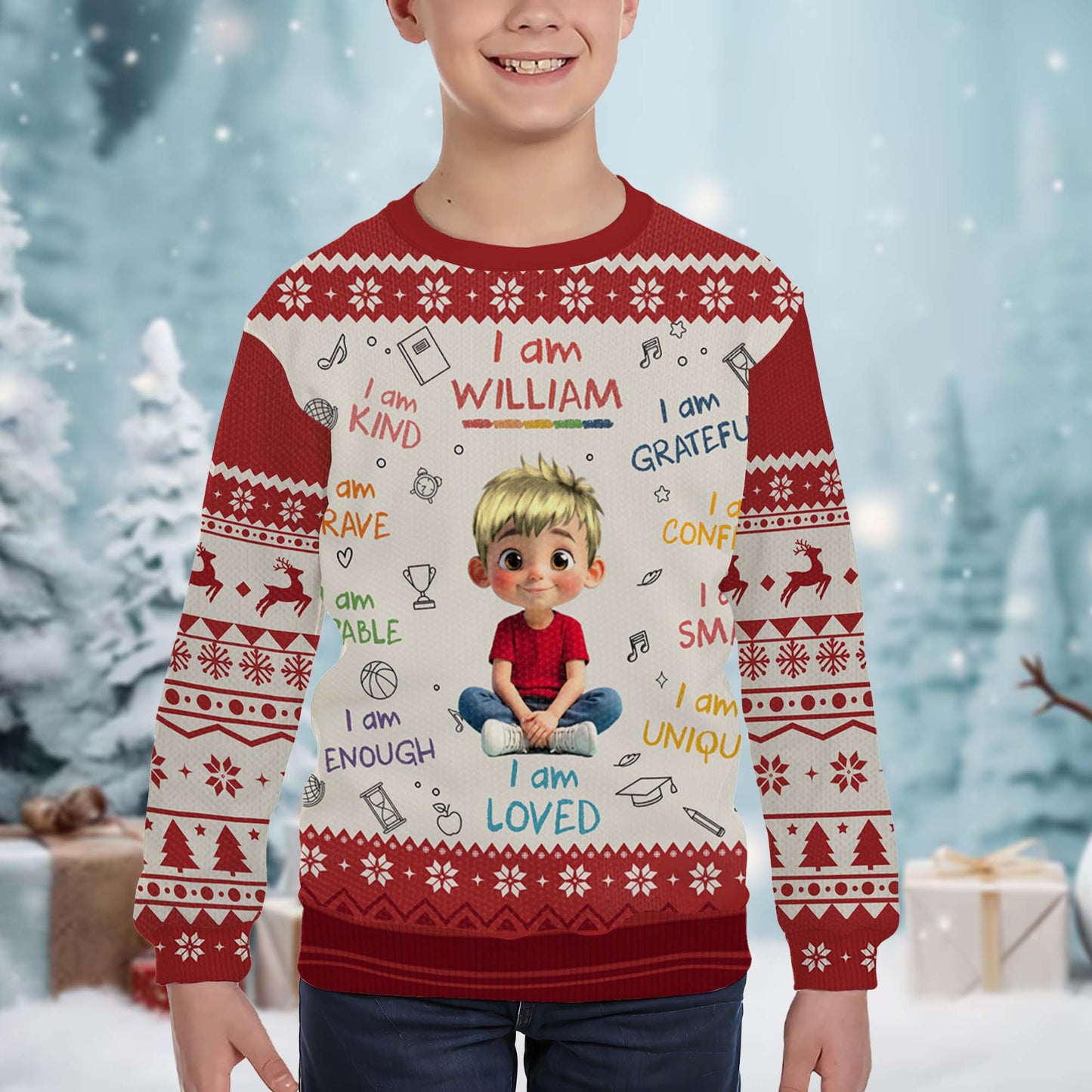 I Am Kind, Brave, Capable, Girl With Positive Affirmations - Personalized Custom Ugly Sweatshirt, Unisex Wool Jumper  - KID355_TWS