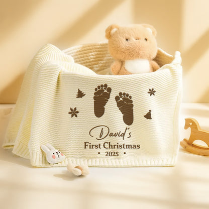 First Christmas Embroidered With Baby Footprints