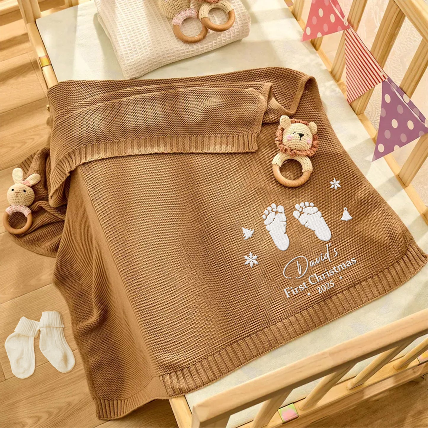 First Christmas Embroidered With Baby Footprints