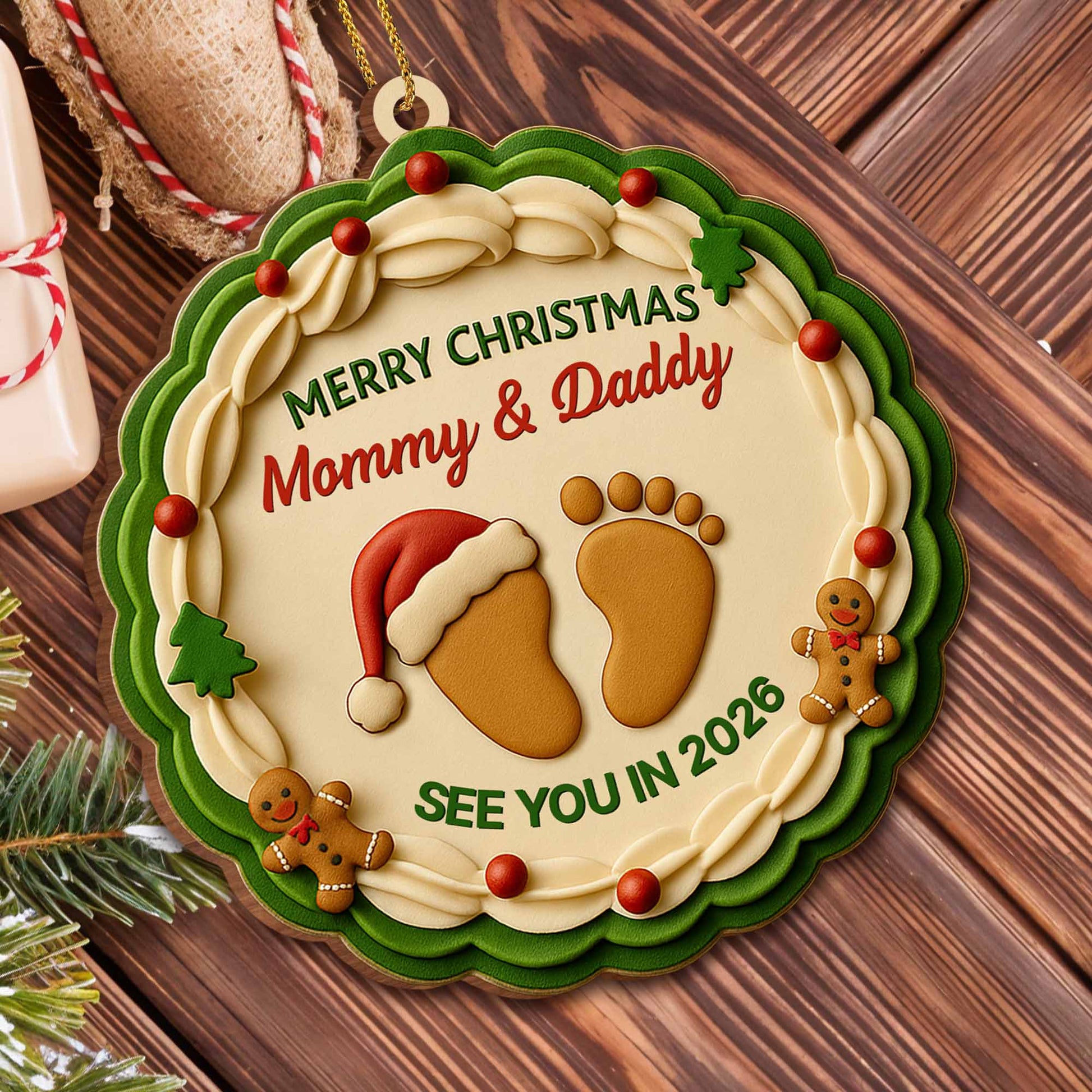 Merry Christmas Mommy And Daddy, Baby Footprints And Gingerbread Man