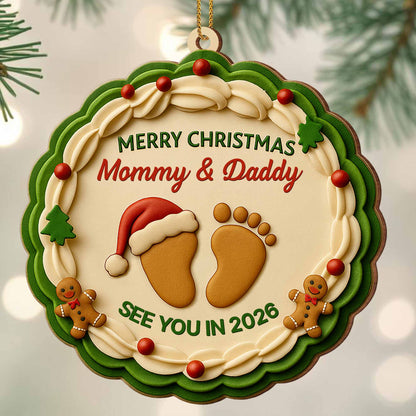 Merry Christmas Mommy And Daddy, Baby Footprints And Gingerbread Man