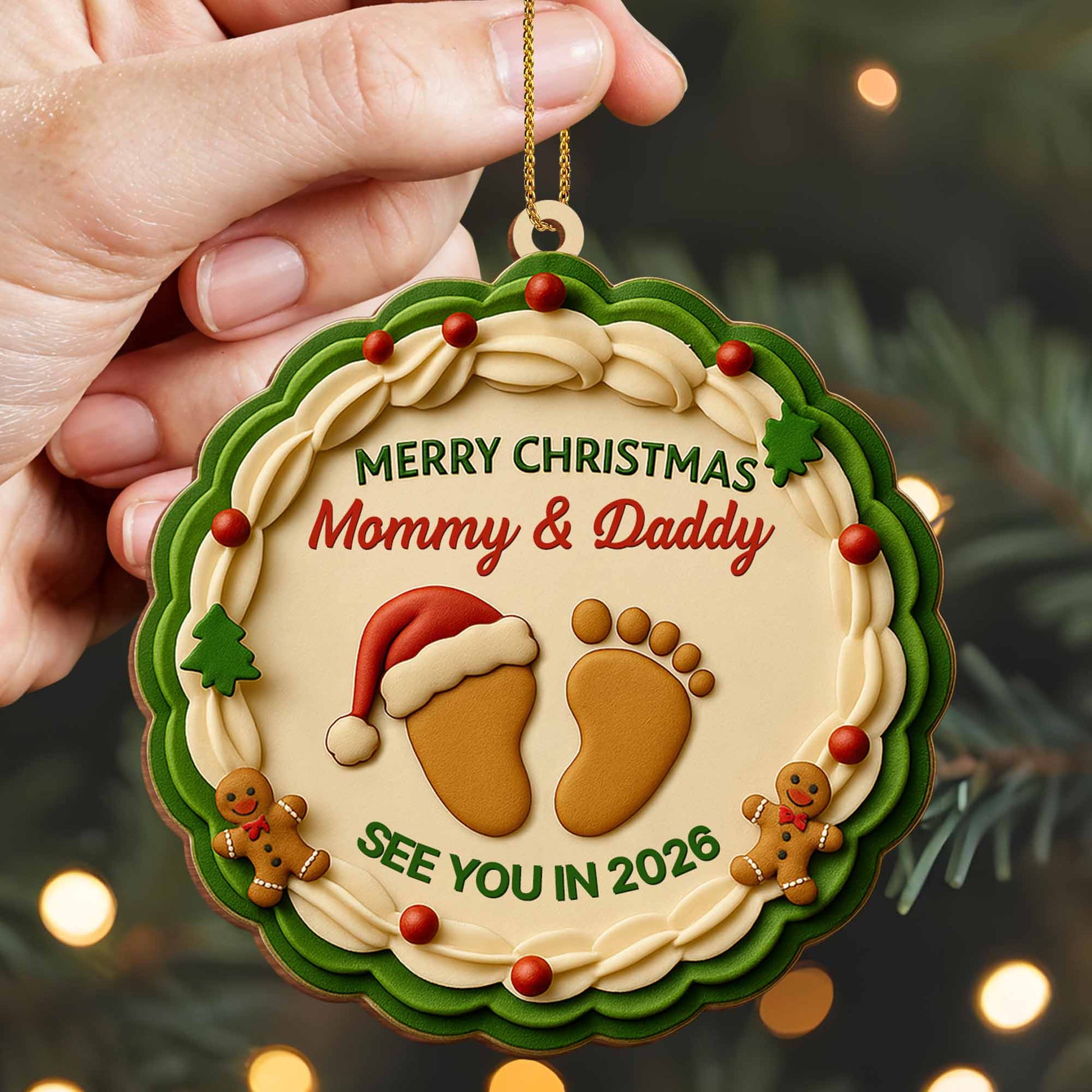 Merry Christmas Mommy And Daddy, Baby Footprints And Gingerbread Man