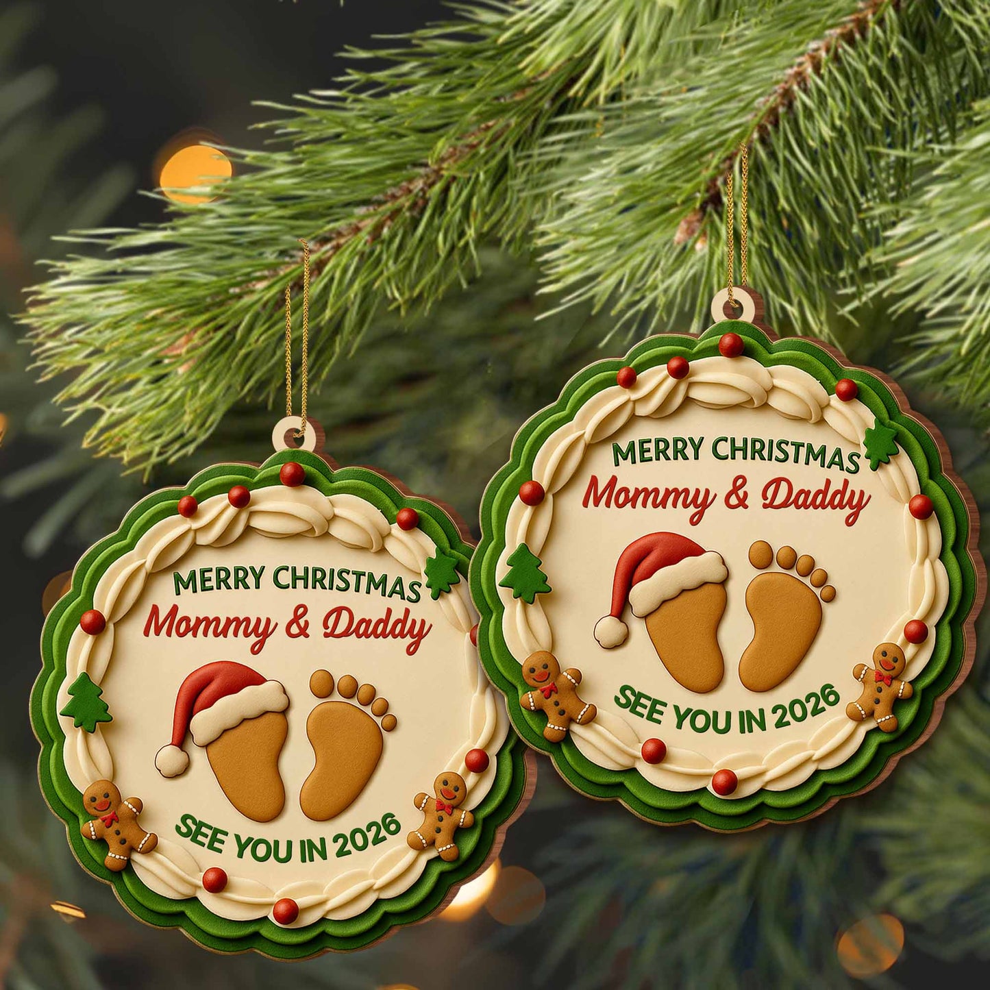 Merry Christmas Mommy And Daddy, Baby Footprints And Gingerbread Man