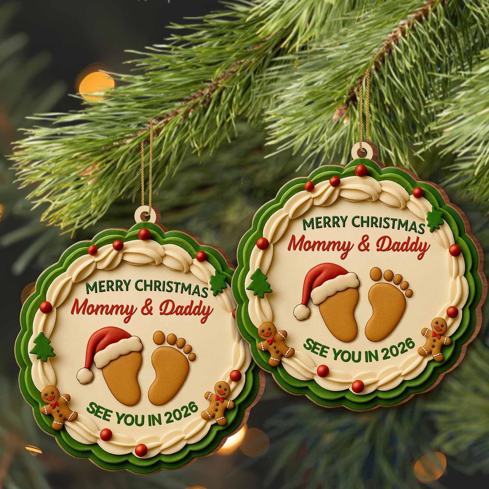 Merry Christmas Mommy And Daddy, Baby Footprints And Gingerbread Man