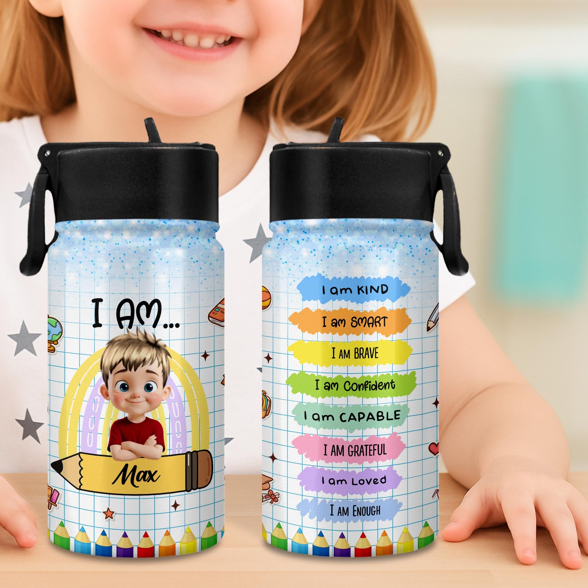 I Am Affirmations, Cartoon Child And Colorful Pencils