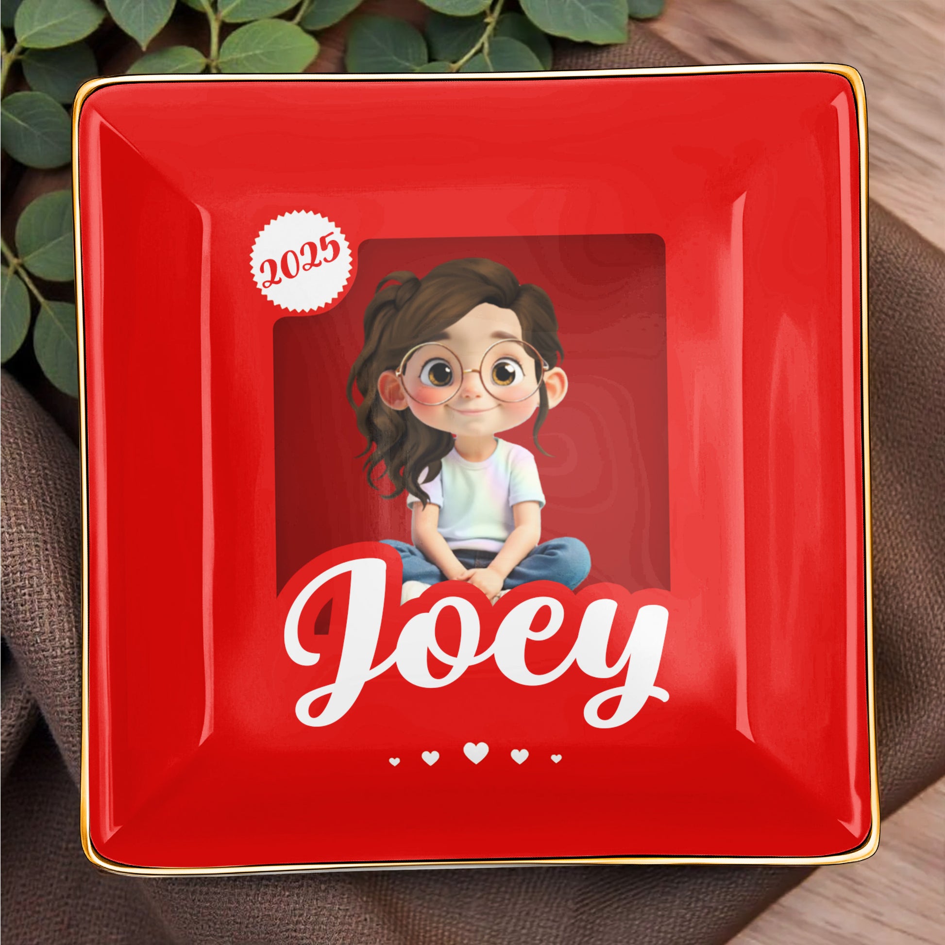 Customizable Ceramic Dish With Girl And Hearts