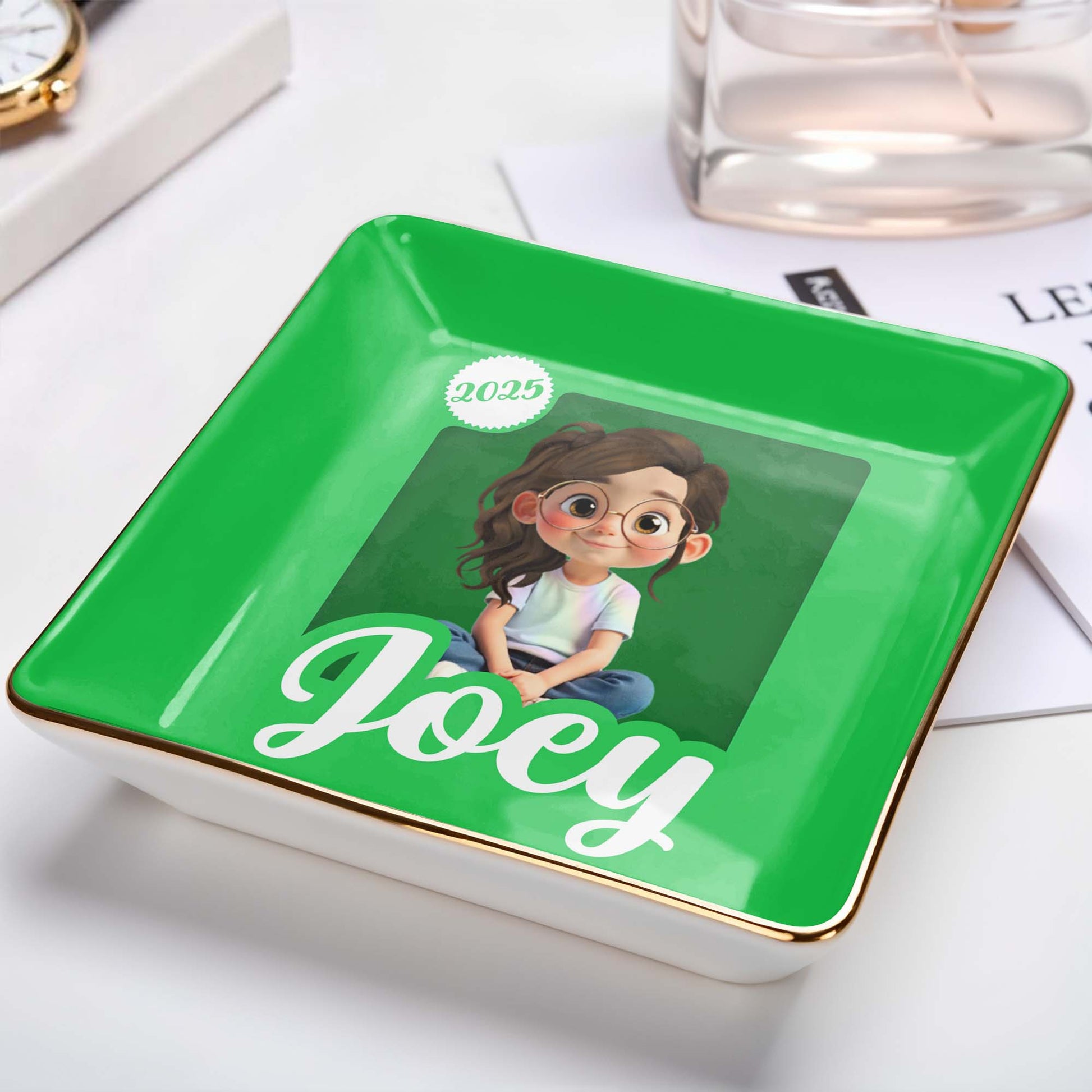 Customizable Ceramic Dish With Girl And Hearts