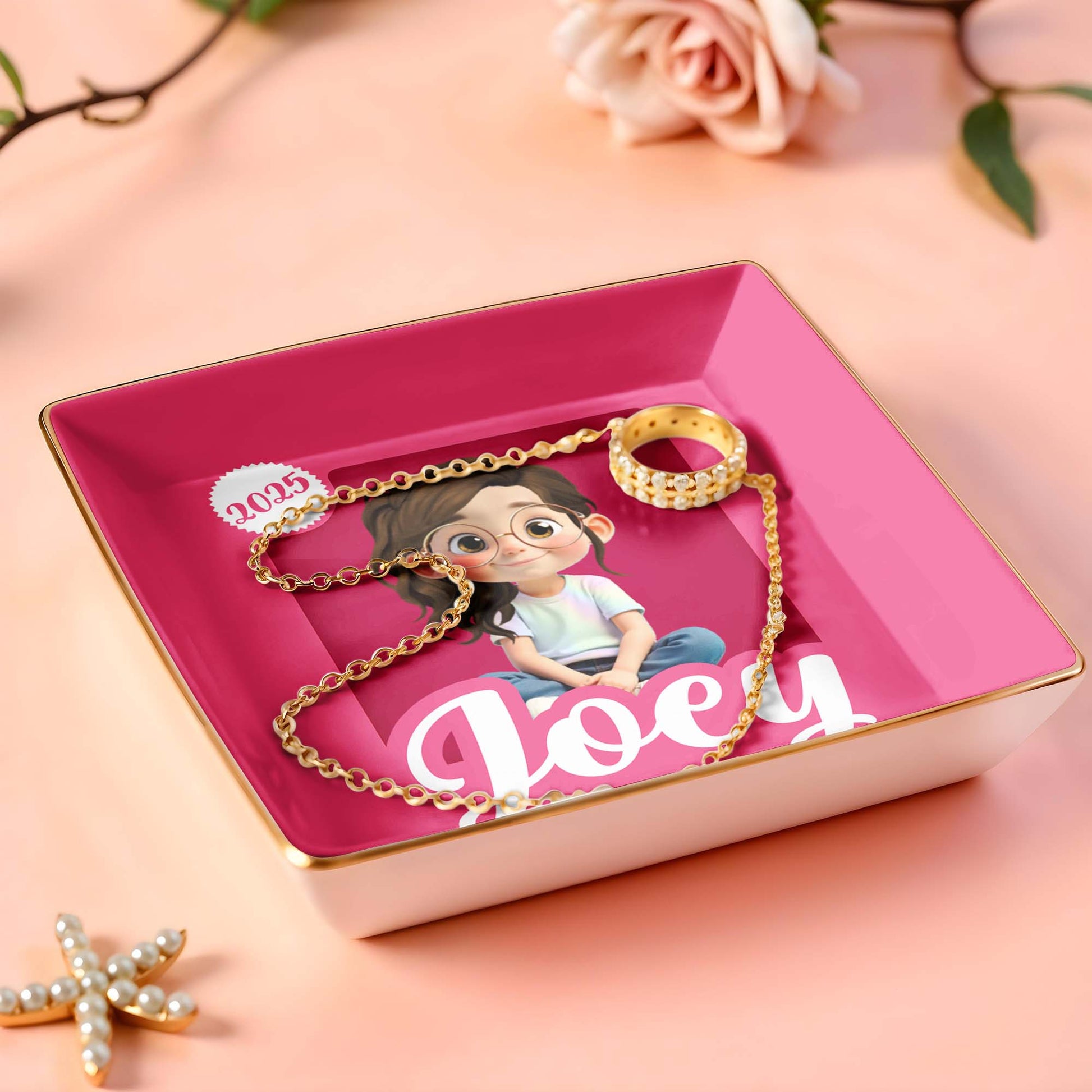 Customizable Ceramic Dish With Girl And Hearts