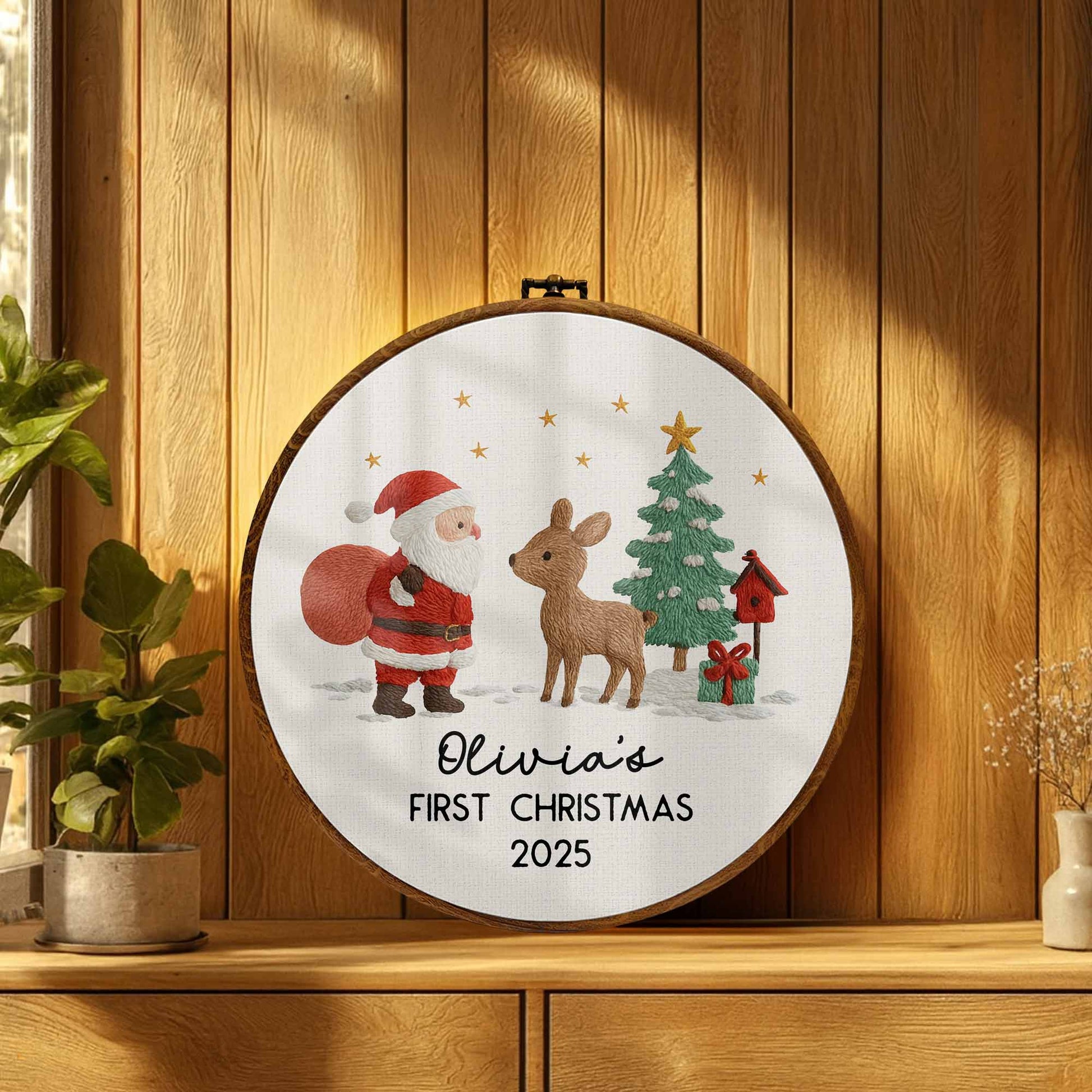 First Christmas With Santa Claus, Reindeer And Tree