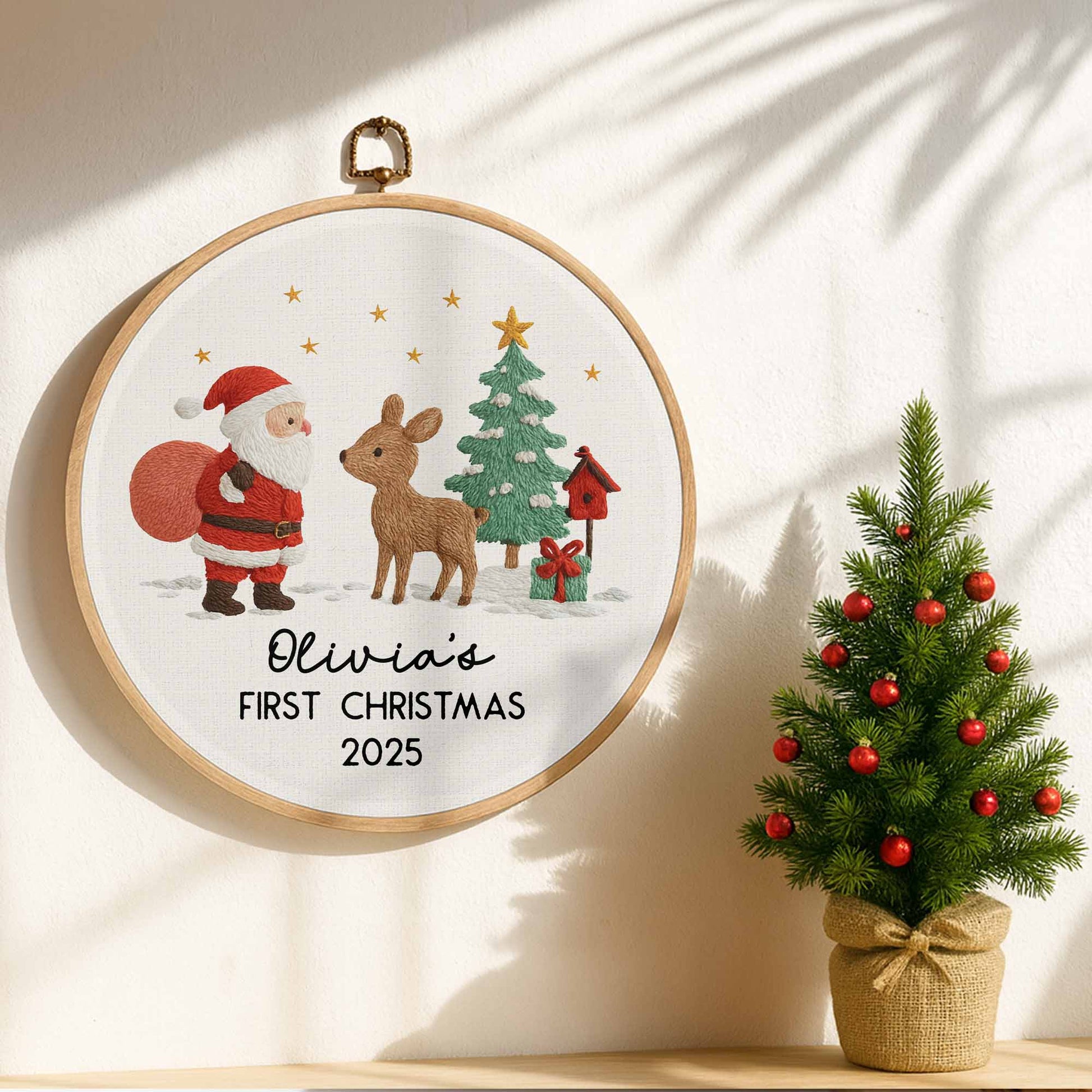 First Christmas With Santa Claus, Reindeer And Tree