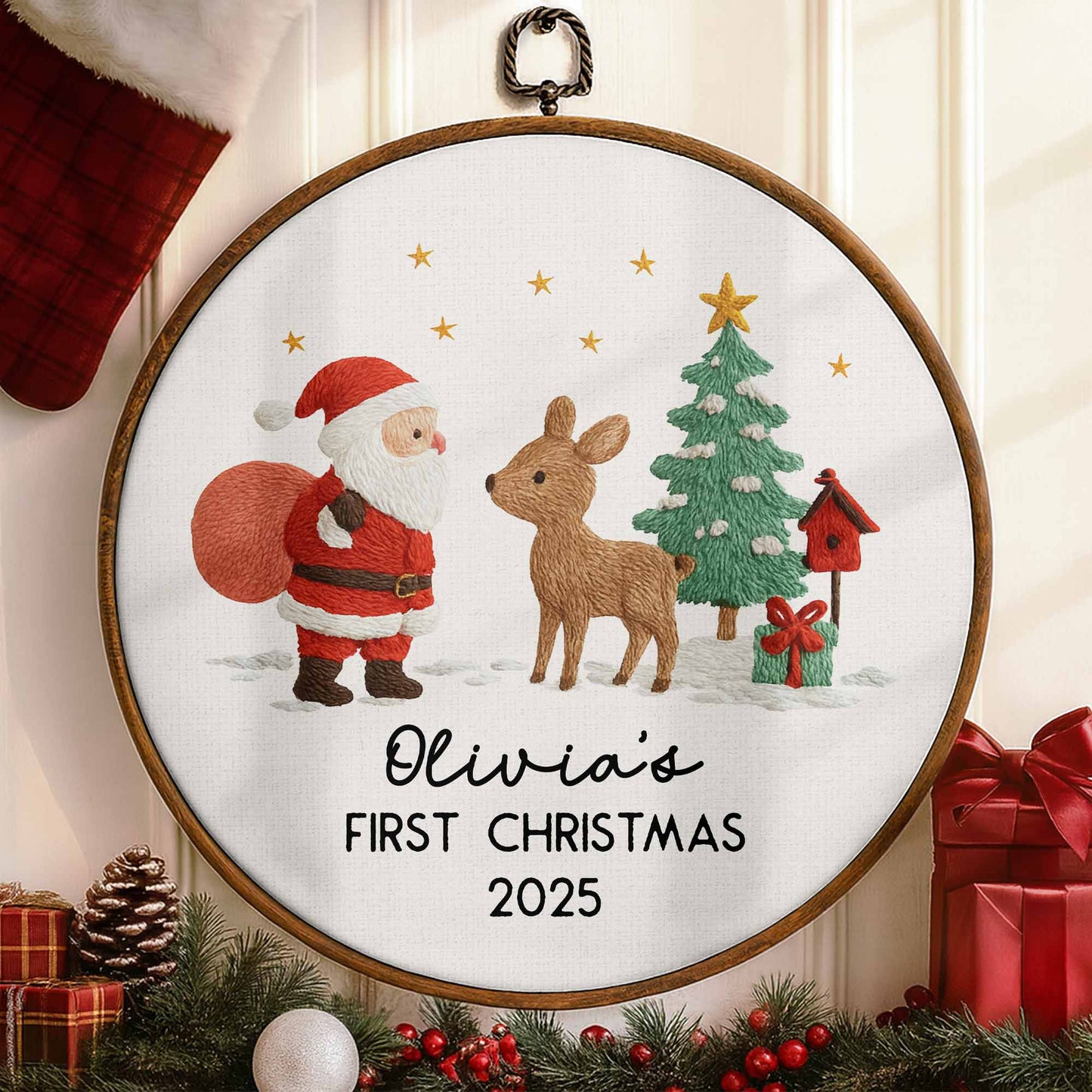 First Christmas With Santa Claus, Reindeer And Tree