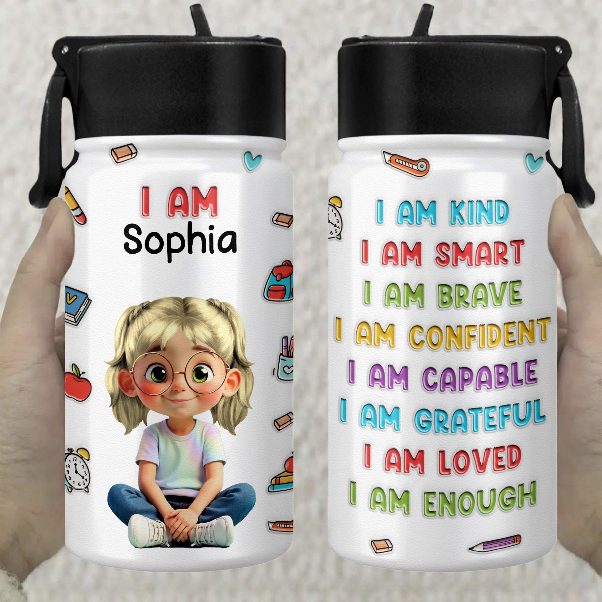 I Am Kind, I Am Smart, Positive Affirmations Water Bottle