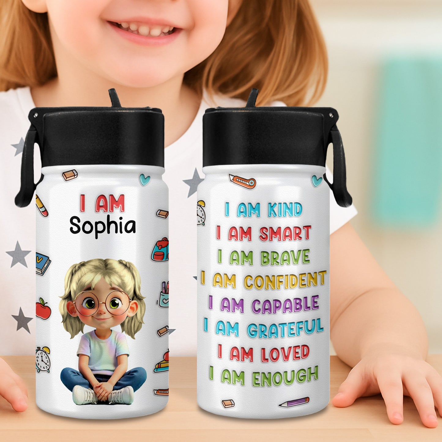 I Am Kind, I Am Smart, Positive Affirmations Water Bottle