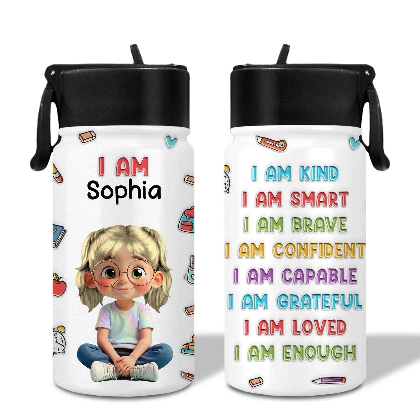 I Am Kind, I Am Smart, Positive Affirmations Water Bottle