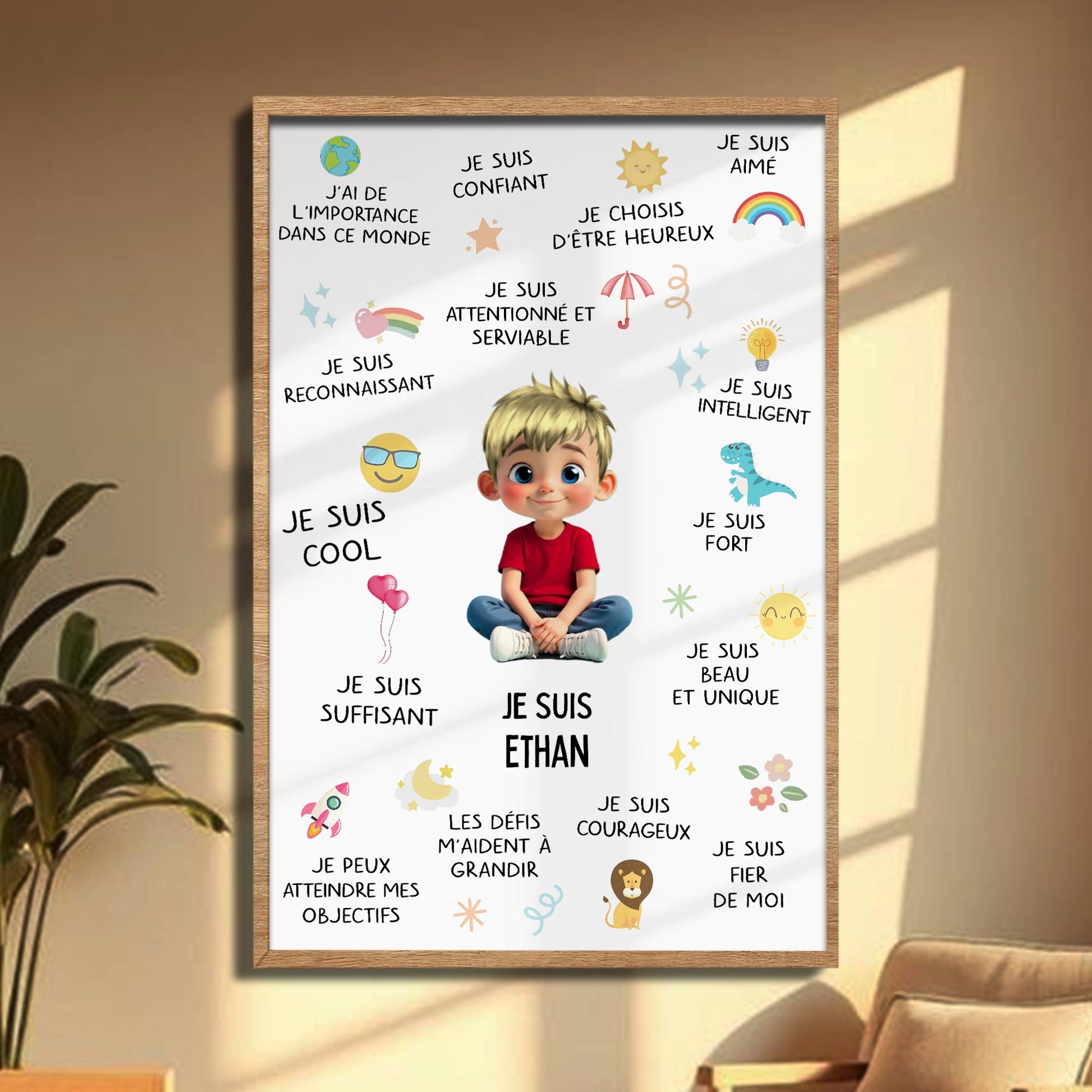 Je Suis Conscient, Affirmation Poster With Cartoon Boy And Stars