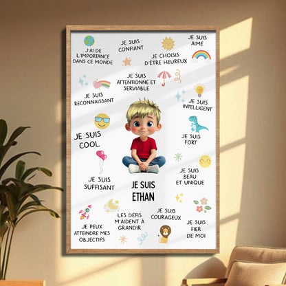 Je Suis Conscient, Affirmation Poster With Cartoon Boy And Stars