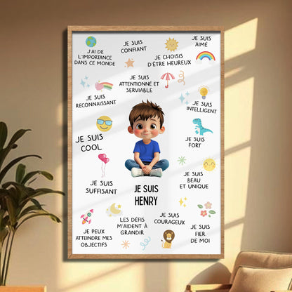 Je Suis Conscient, Affirmation Poster With Cartoon Boy And Stars