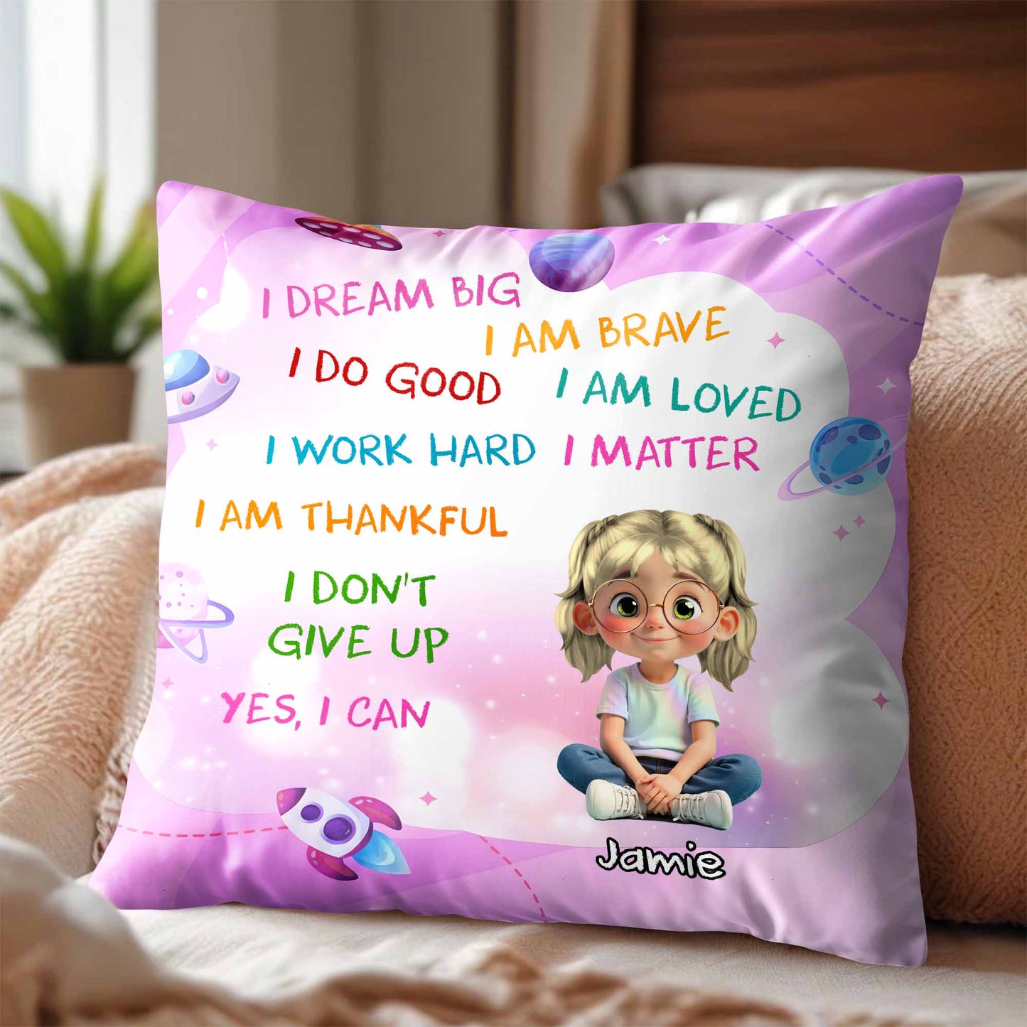 I Dream Big, I Am Brave, Cartoon Girl With Planets And Stars