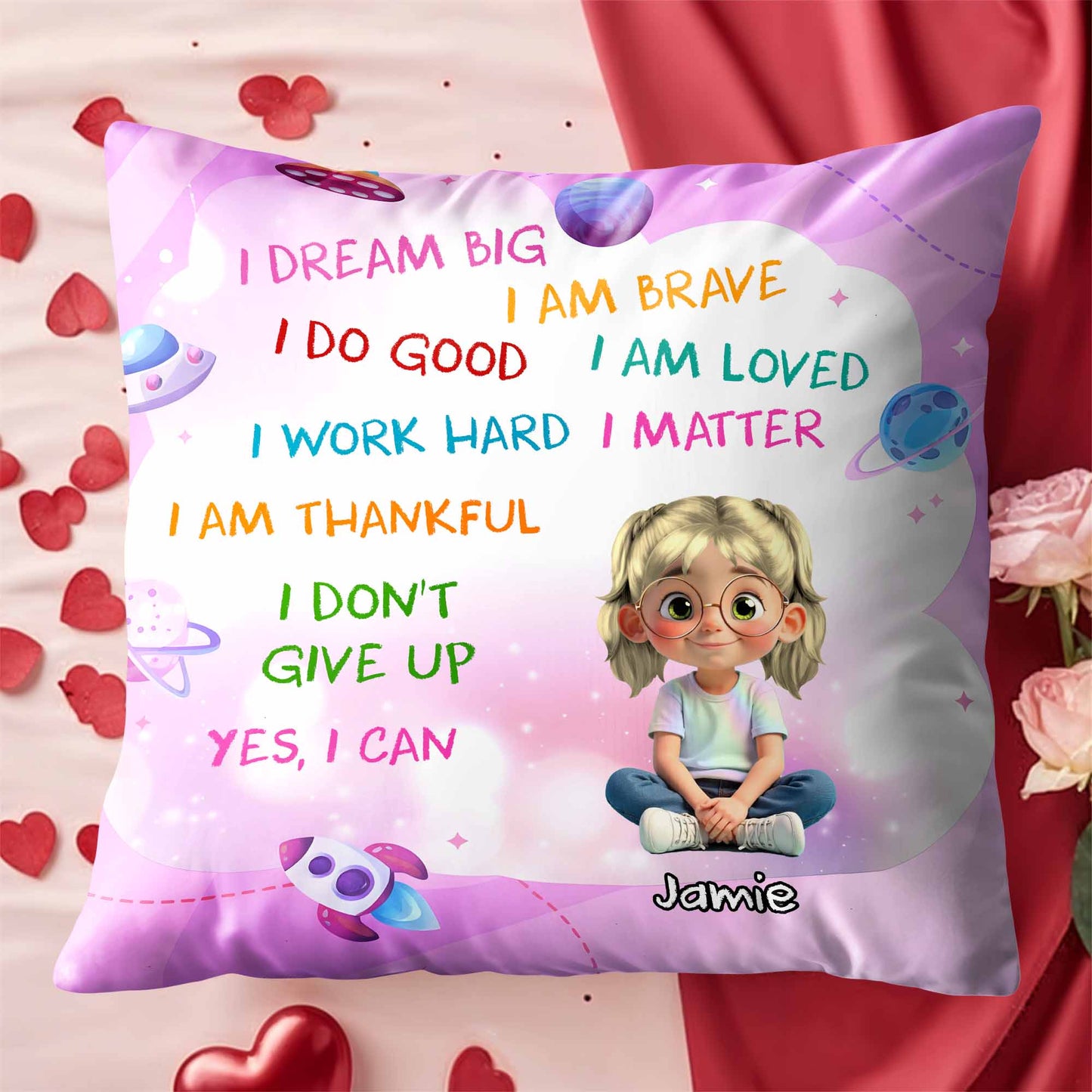 I Dream Big, I Am Brave, Cartoon Girl With Planets And Stars