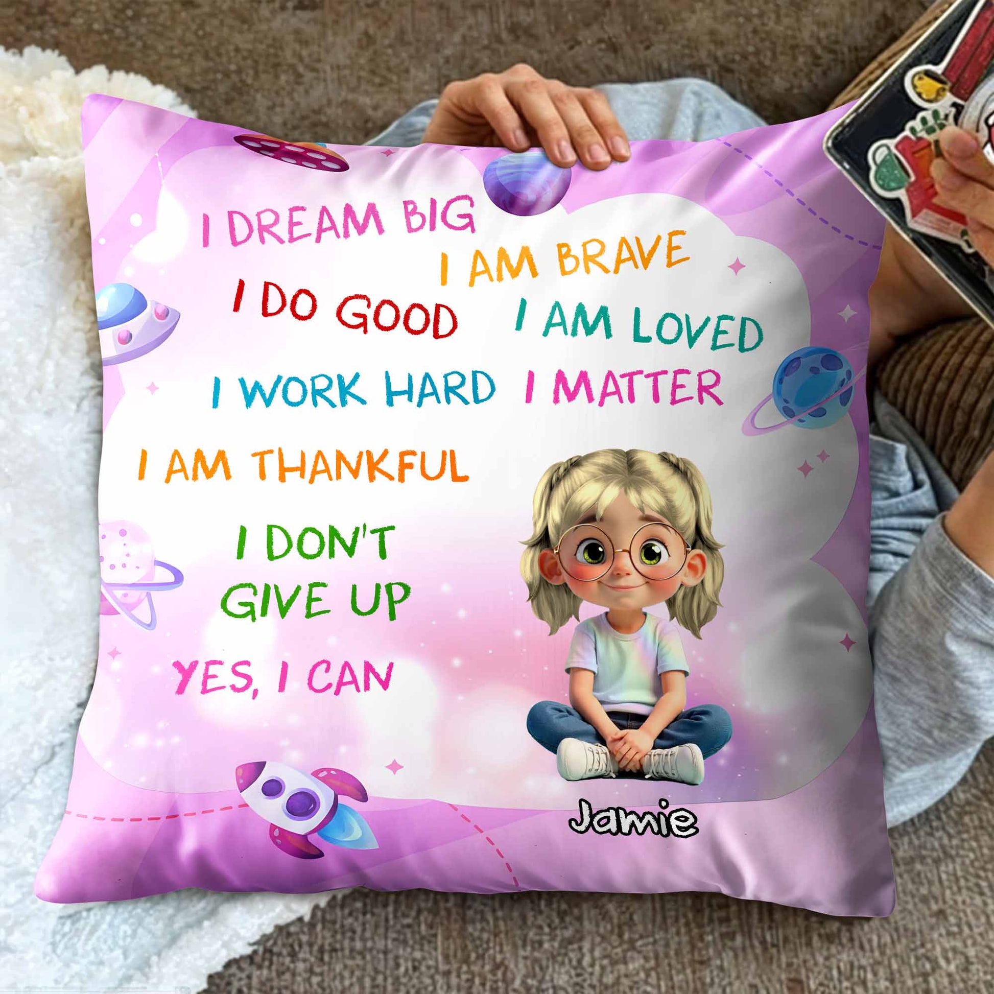 I Dream Big, I Am Brave, Cartoon Girl With Planets And Stars