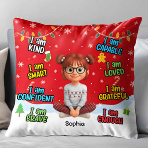 I Am Kind, Smart, Confident, Brave, Pillow With Cartoon Girl