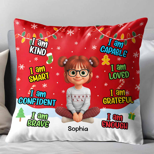 I Am Kind, Smart, Confident, Brave, Pillow With Cartoon Girl