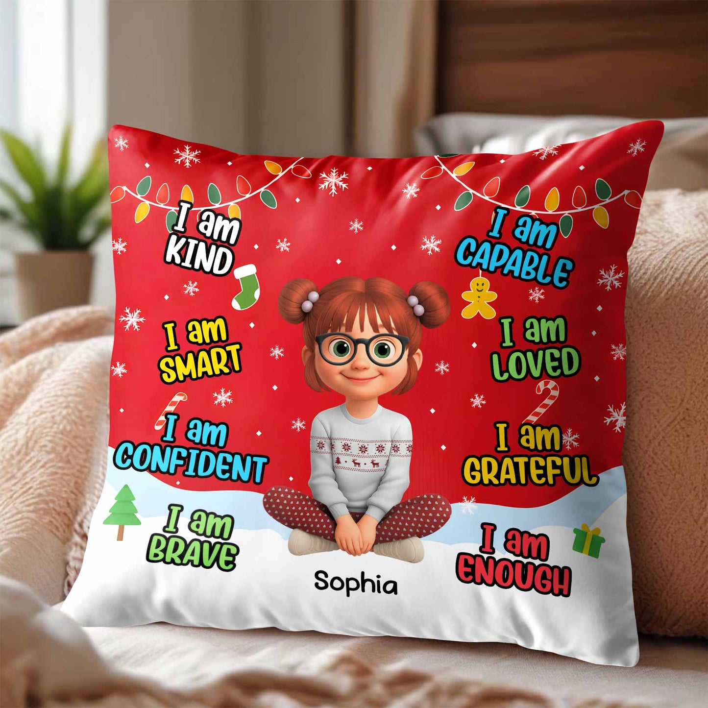 I Am Kind, Smart, Confident, Brave, Pillow With Cartoon Girl