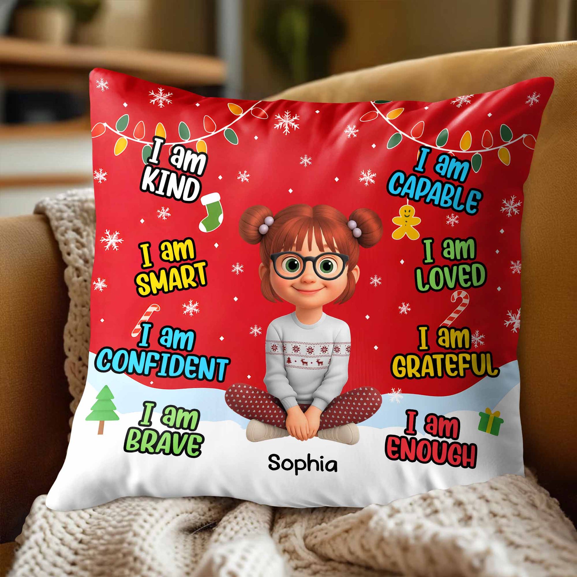 I Am Kind, Smart, Confident, Brave, Pillow With Cartoon Girl