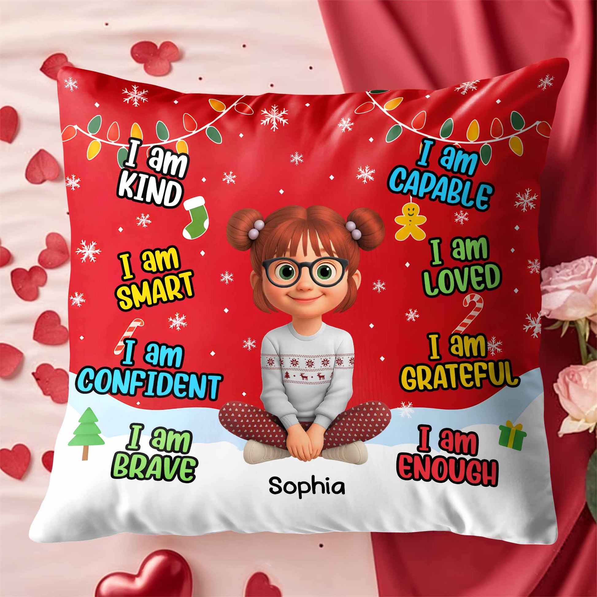I Am Kind, Smart, Confident, Brave, Pillow With Cartoon Girl