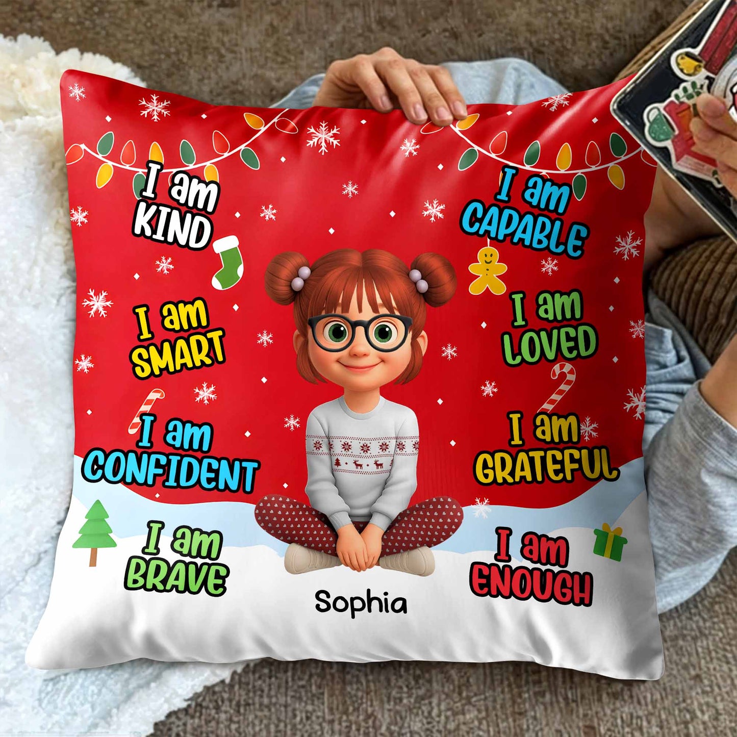 I Am Kind, Smart, Confident, Brave, Pillow With Cartoon Girl