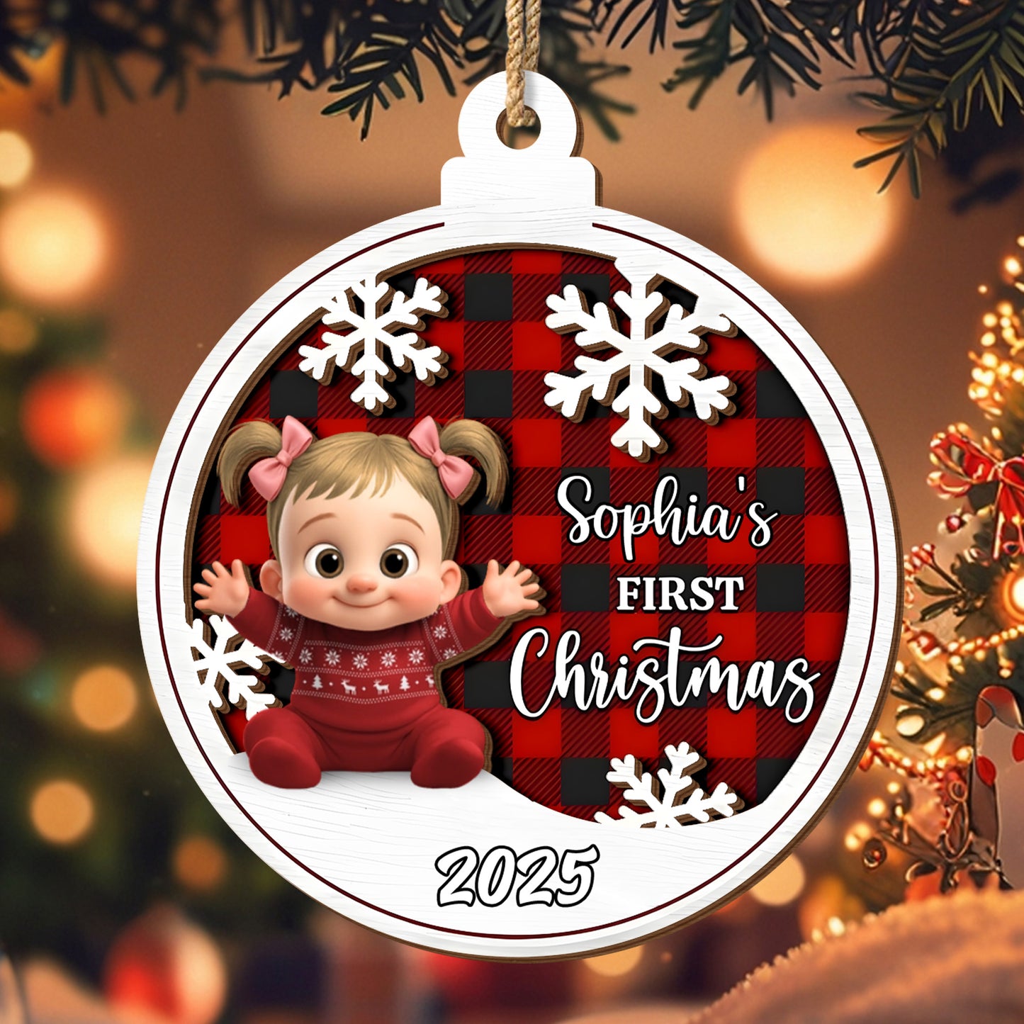 Sophia's First Christmas Snowflakes And Plaid Pattern Ornament