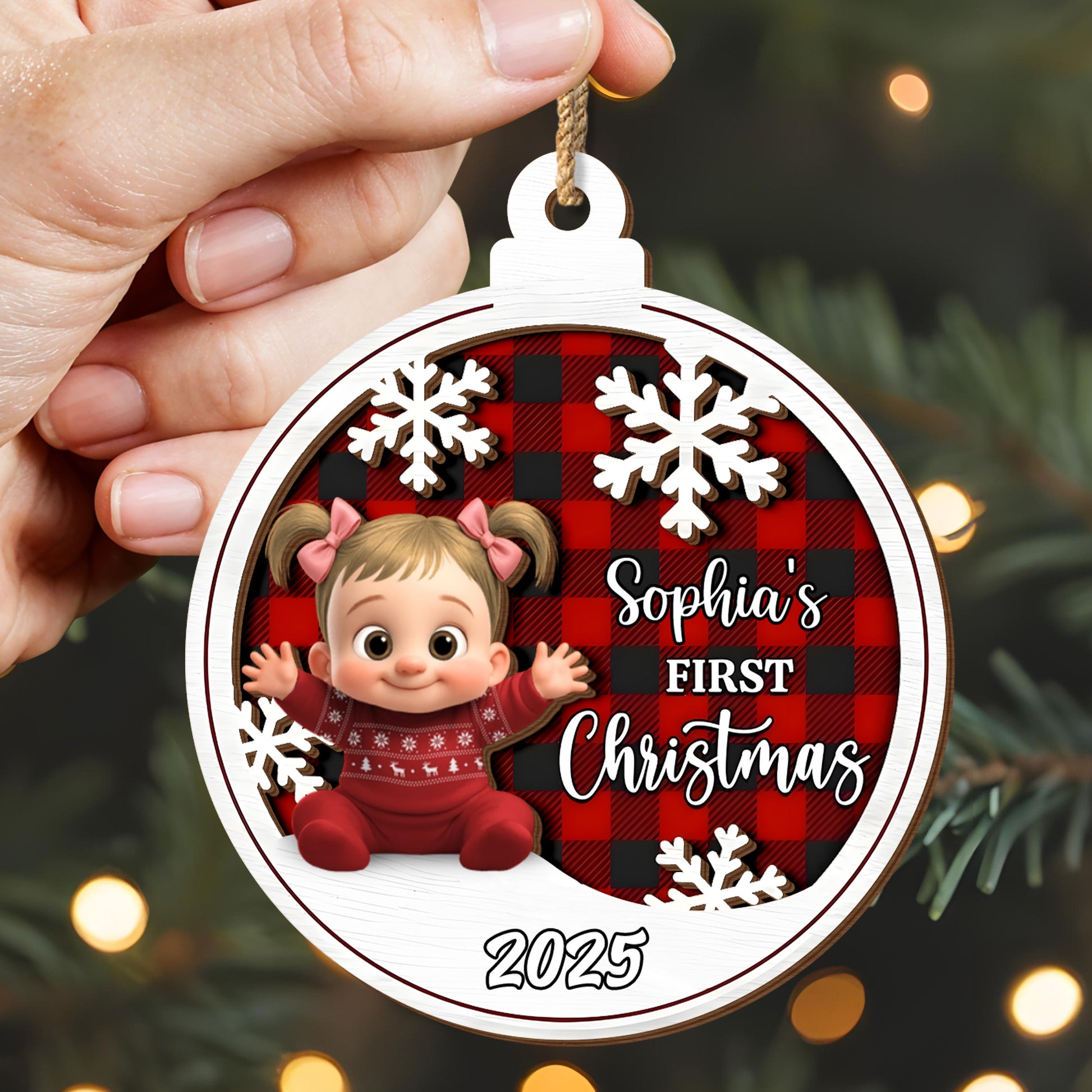 Sophia's First Christmas Snowflakes And Plaid Pattern Ornament
