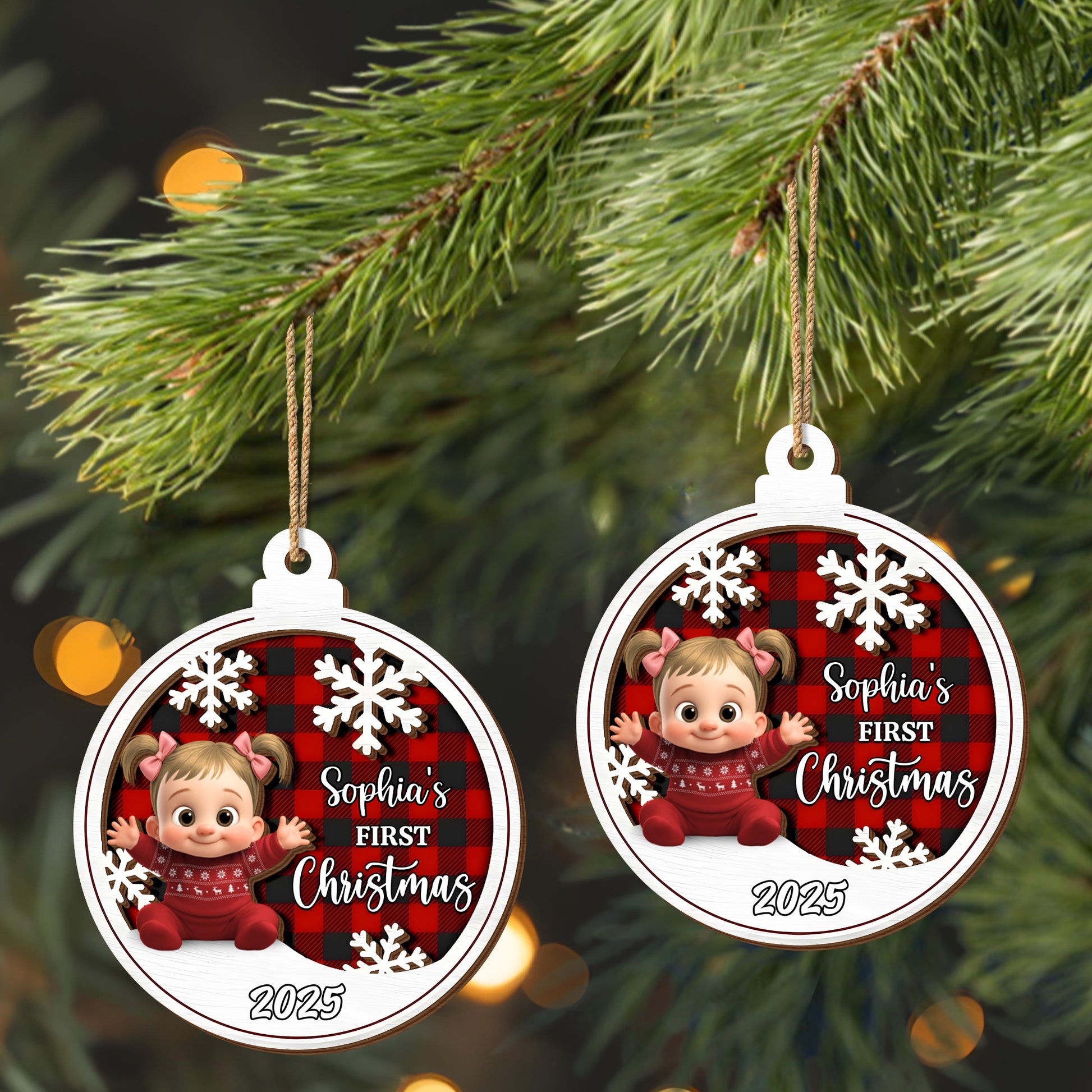 Sophia's First Christmas Snowflakes And Plaid Pattern Ornament