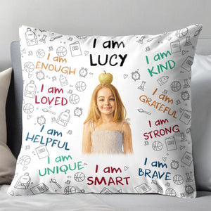 I Am Enough, Loved, Brave, Smart Pillow With Inspirational Icons