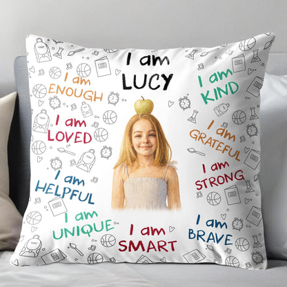 I Am Enough, Loved, Brave, Smart Pillow With Inspirational Icons