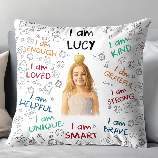 I Am Enough, Loved, Brave, Smart Pillow With Inspirational Icons