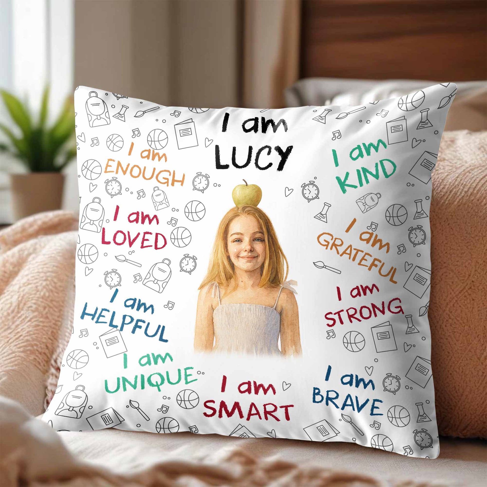 I Am Enough, Loved, Brave, Smart Pillow With Inspirational Icons