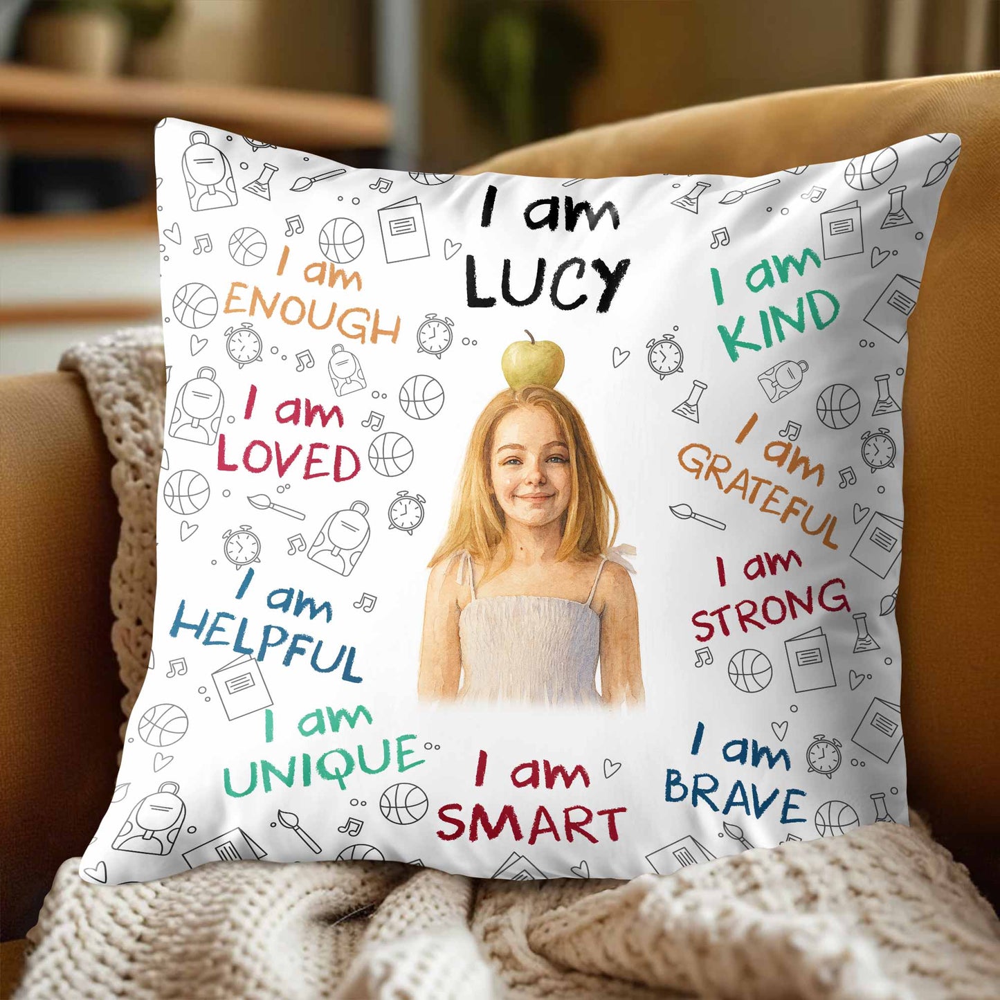 I Am Enough, Loved, Brave, Smart Pillow With Inspirational Icons